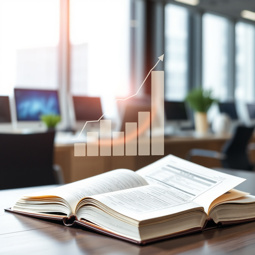 Create a photorealistic image of an open book lying on a desk with charts and graphs appearing to float above the pages, displaying positive financial growth. The book represents transparency and understanding. The lighting is bright and even. Set the scene in a modern office setting. Camera angle: slightly elevated, looking down at the open book. Technical specs: 4K resolution, high quality.